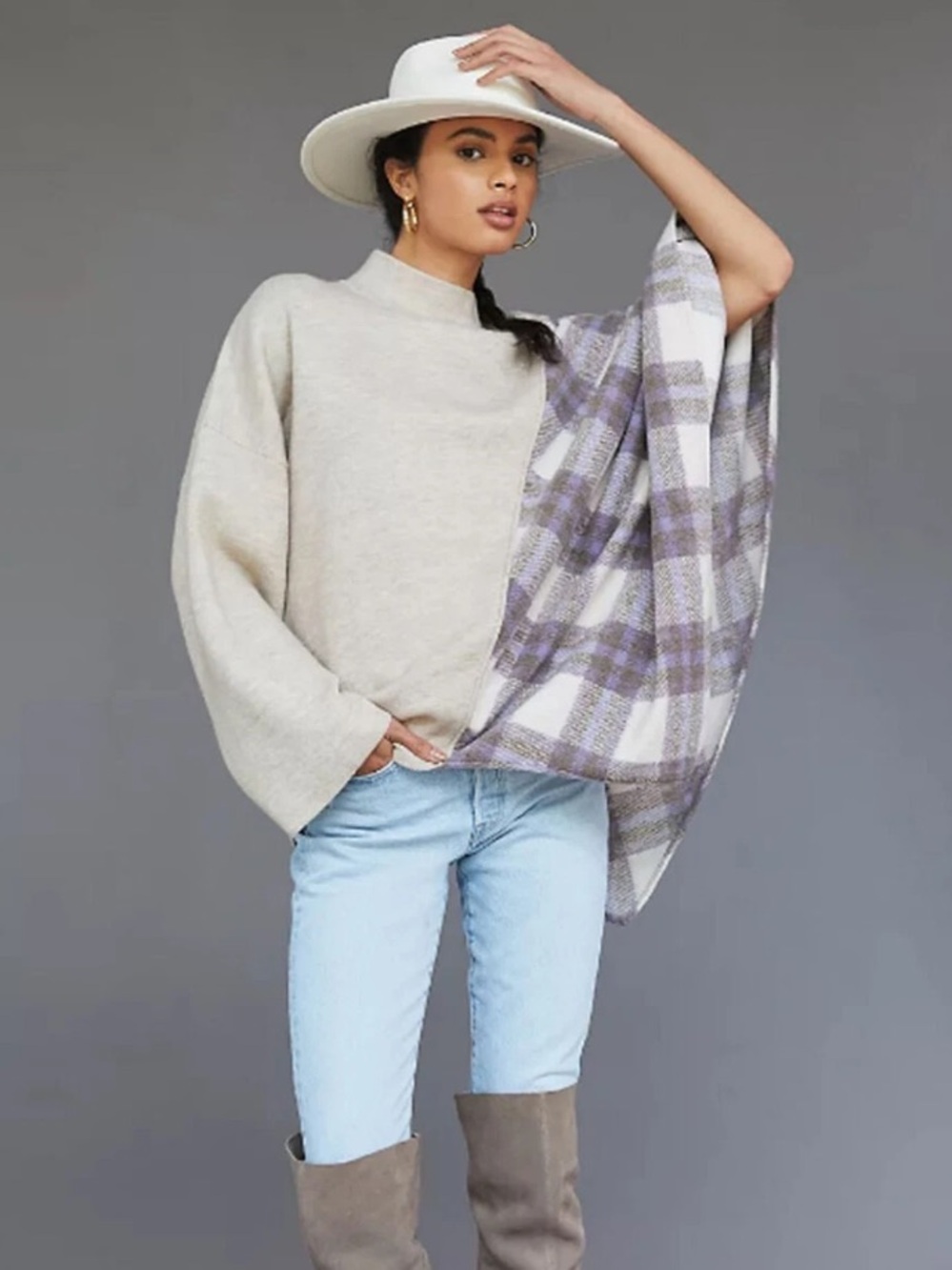 Anthropologie PILCRO Mixed Plaid Poncho Sweater in Beige Tan Lilac Gingham OS